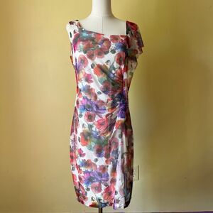 Joseph Ribkoff Floral Mesh Sheath Dress Watercolor Print Ruched Asymmetrical 12‎